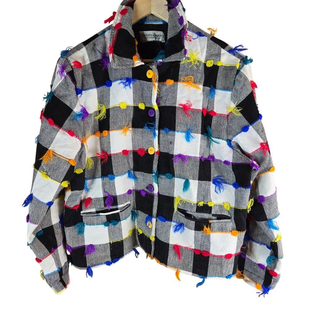 Vintage Drapers & Damons Womens Plaid Jacket Multicolor Tassels XL Art To Wear